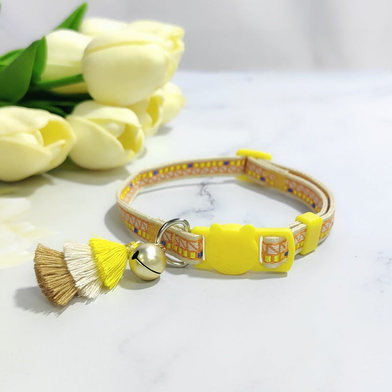KFX-2034621 Anti-Suffocation Adjustable Cat Collar with Tassel Bell and Safety Buckle - Variety of Colors Available