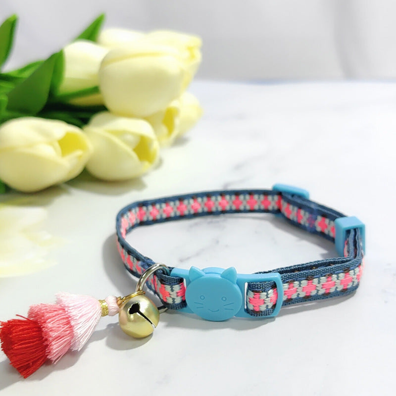 KFX-2034621 Anti-Suffocation Adjustable Cat Collar with Tassel Bell and Safety Buckle - Variety of Colors Available