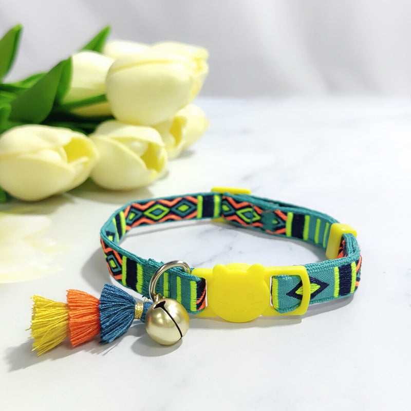 KFX-2034621 Anti-Suffocation Adjustable Cat Collar with Tassel Bell and Safety Buckle - Variety of Colors Available