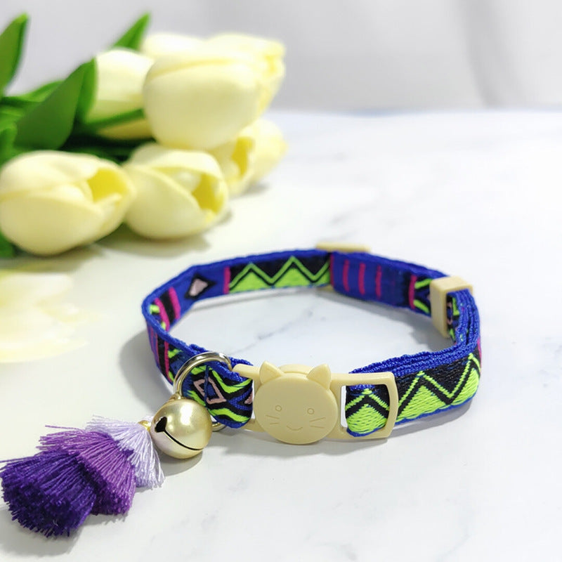 KFX-2034621 Anti-Suffocation Adjustable Cat Collar with Tassel Bell and Safety Buckle - Variety of Colors Available