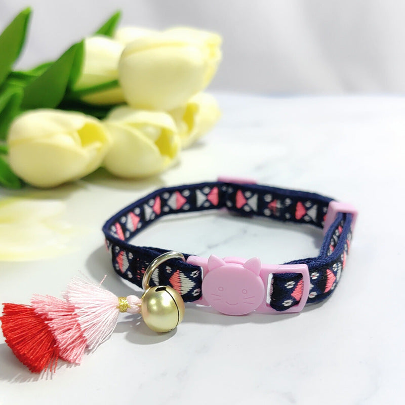 KFX-2034621 Anti-Suffocation Adjustable Cat Collar with Tassel Bell and Safety Buckle - Variety of Colors Available