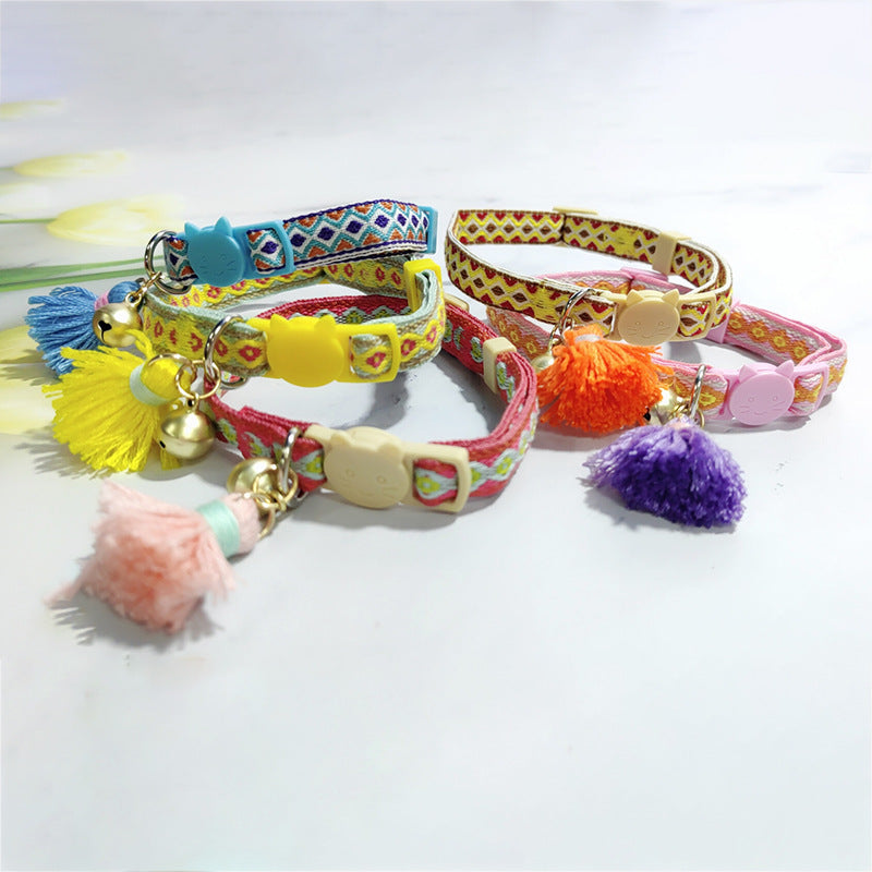 KFX-2034621 Anti-Suffocation Adjustable Cat Collar with Tassel Bell and Safety Buckle - Variety of Colors Available