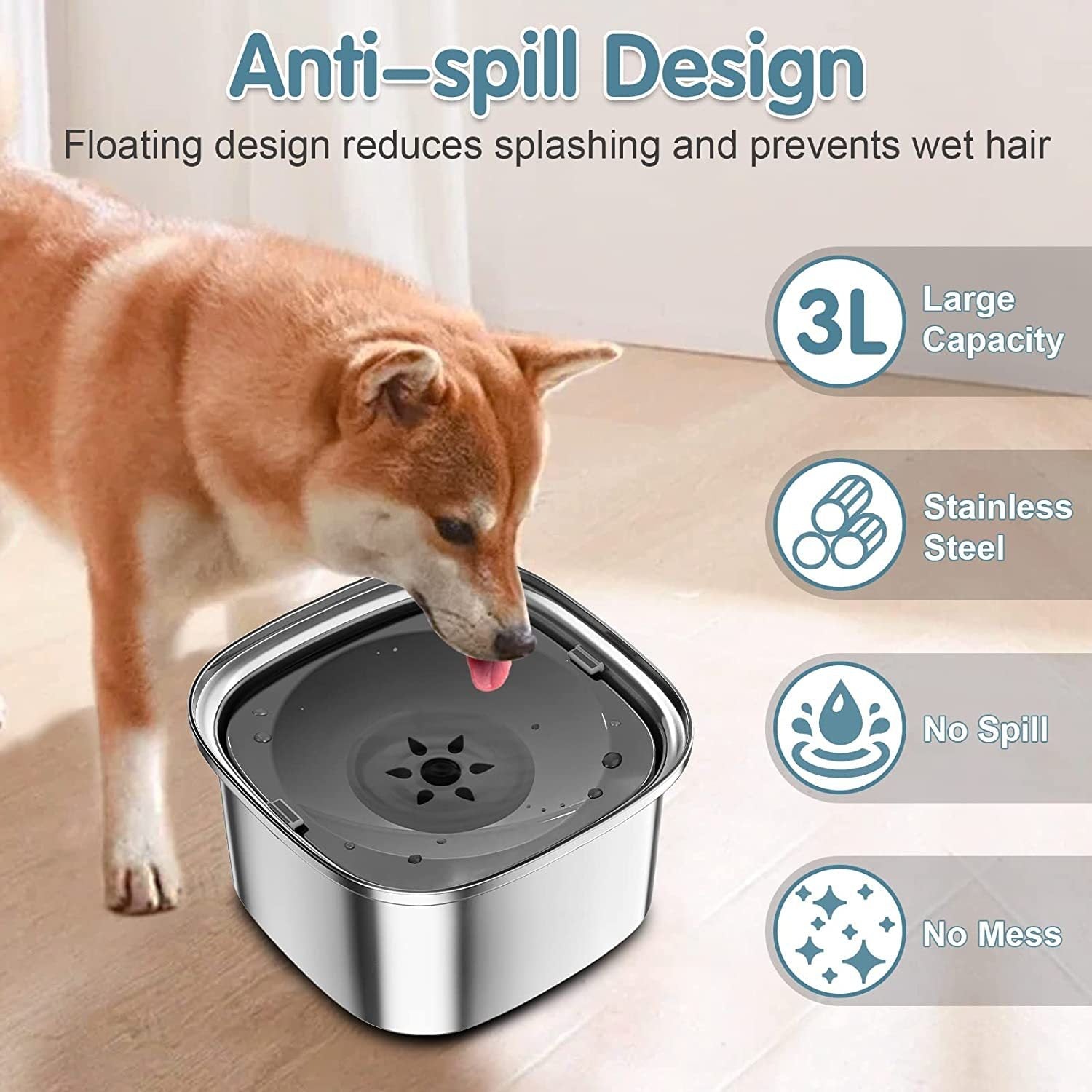 KFX-2042557 Large Capacity Pet Water Bowl - Stainless Steel with Floating Design in Various Colors