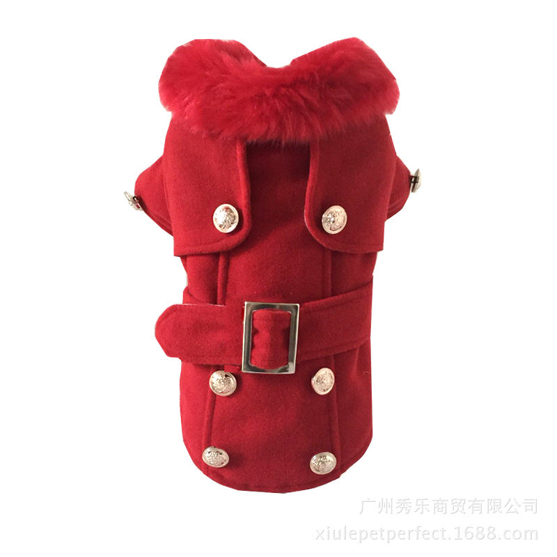 KFX-2046525 Warm Woolen Dog Coat for Autumn and Winter - Red/Gray, Sizes S-XL