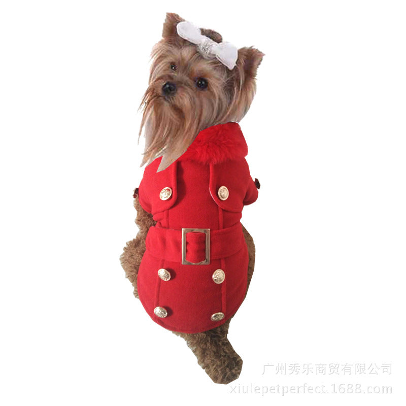 KFX-2046525 Warm Woolen Dog Coat for Autumn and Winter - Red/Gray, Sizes S-XL
