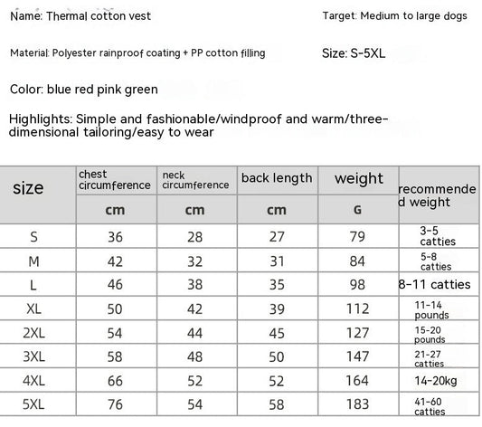KFX-2047805 Waterproof Pet Coat Winter Thermal Vest in Multiple Colors and Sizes