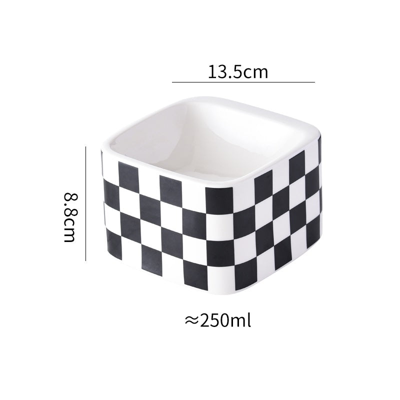 KFX-2048317 Lattice Ceramic High Foot Pet Bowl for Cats and Small Dogs in Black and White