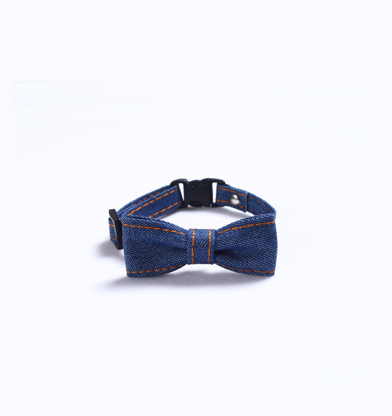 KFX-2055869 Adjustable Denim Bow Tie Collar for Cats and Dogs - Geometric Pattern, All Seasons