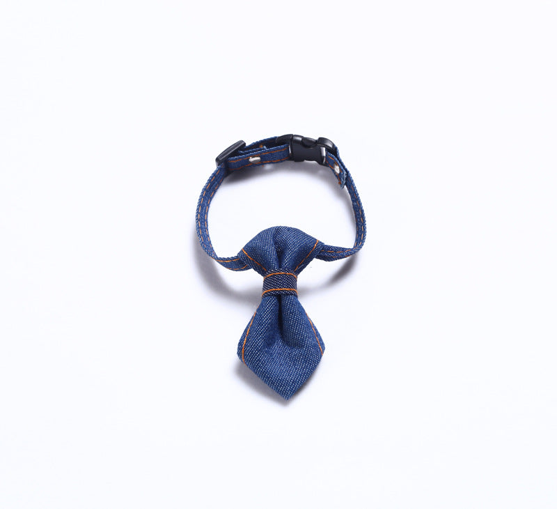 KFX-2055869 Adjustable Denim Bow Tie Collar for Cats and Dogs - Geometric Pattern, All Seasons