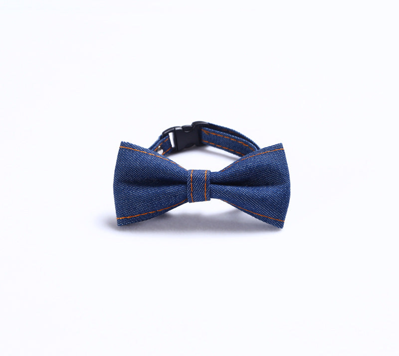KFX-2055869 Adjustable Denim Bow Tie Collar for Cats and Dogs - Geometric Pattern, All Seasons