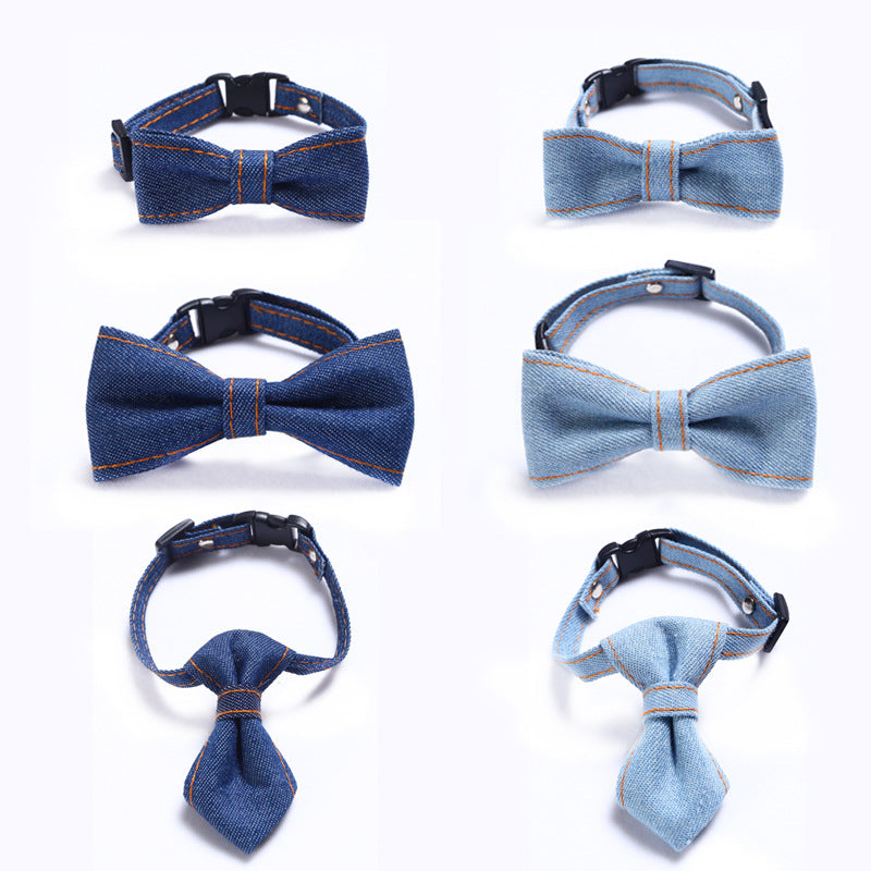 KFX-2055869 Adjustable Denim Bow Tie Collar for Cats and Dogs - Geometric Pattern, All Seasons