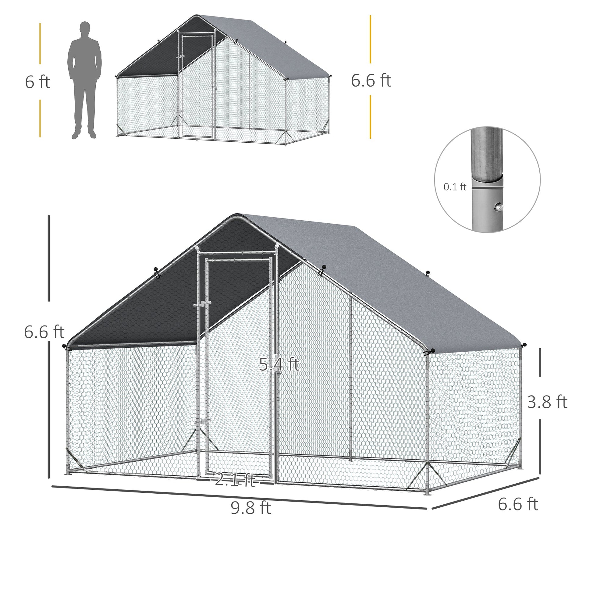 KFX-2057533 Large Metal Chicken Coop with Waterproof Cover - Walk-In Outdoor Run for Chickens, Rabbits, and Small Animals, 9.8' x 6.6' x 6.6'