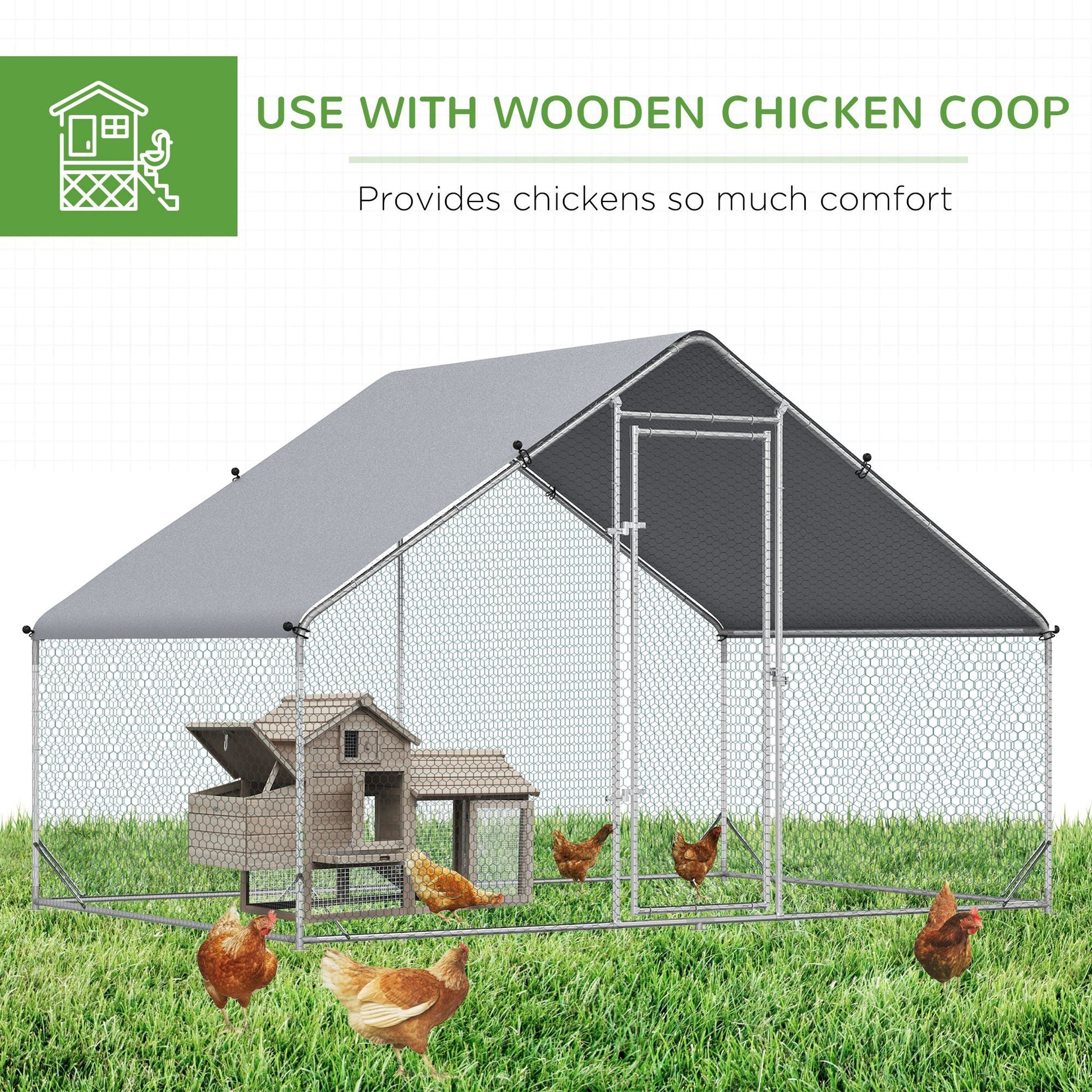 KFX-2057533 Large Metal Chicken Coop with Waterproof Cover - Walk-In Outdoor Run for Chickens, Rabbits, and Small Animals, 9.8' x 6.6' x 6.6'
