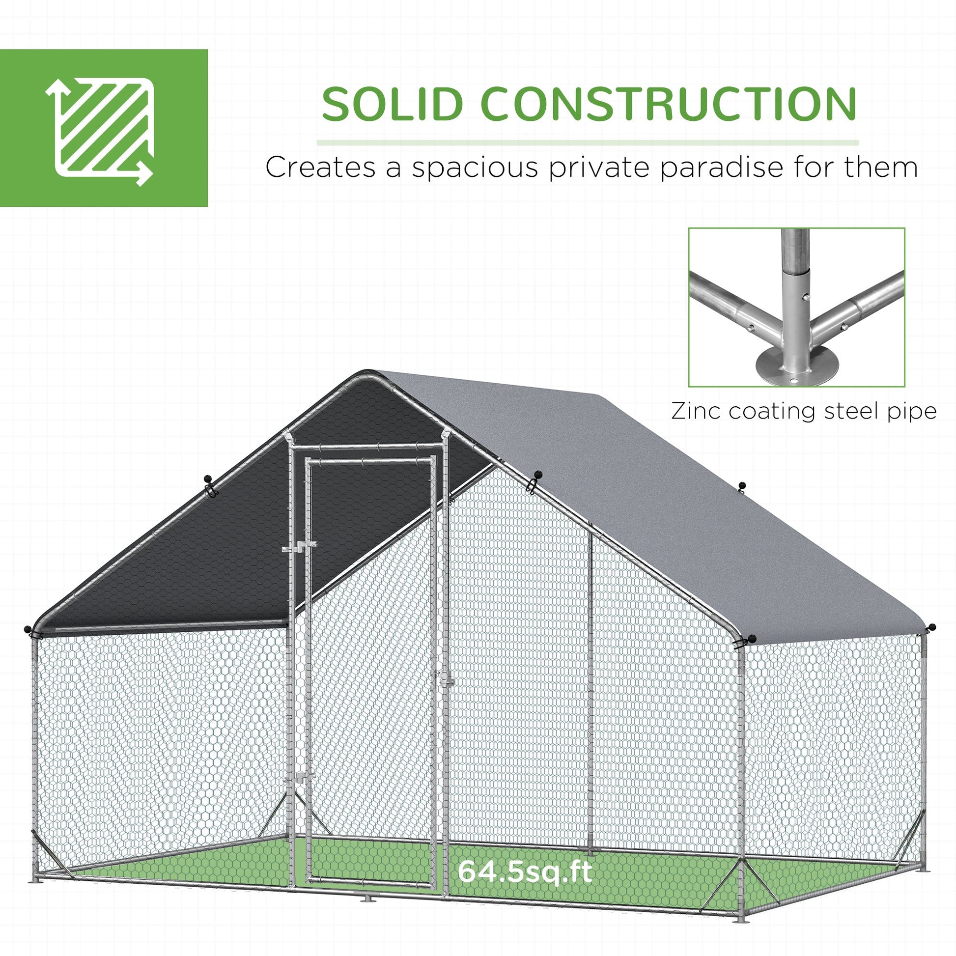 KFX-2057533 Large Metal Chicken Coop with Waterproof Cover - Walk-In Outdoor Run for Chickens, Rabbits, and Small Animals, 9.8' x 6.6' x 6.6'