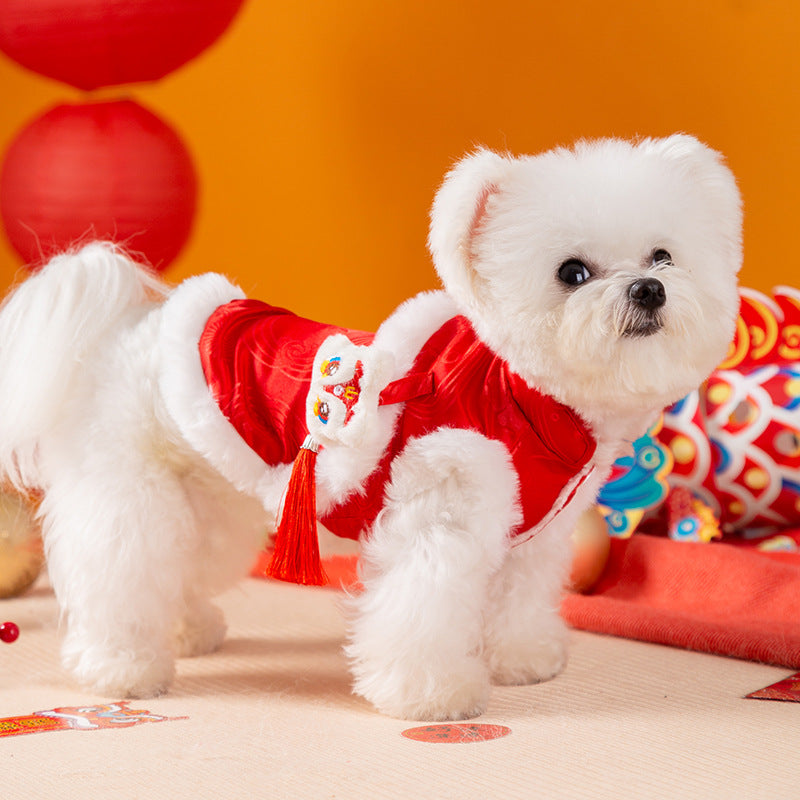 KFX-2058429 Lion Dance Inspired Pet Cheongsam Vest with Plush Lining and 3D Ornament for Small Dogs and Cats