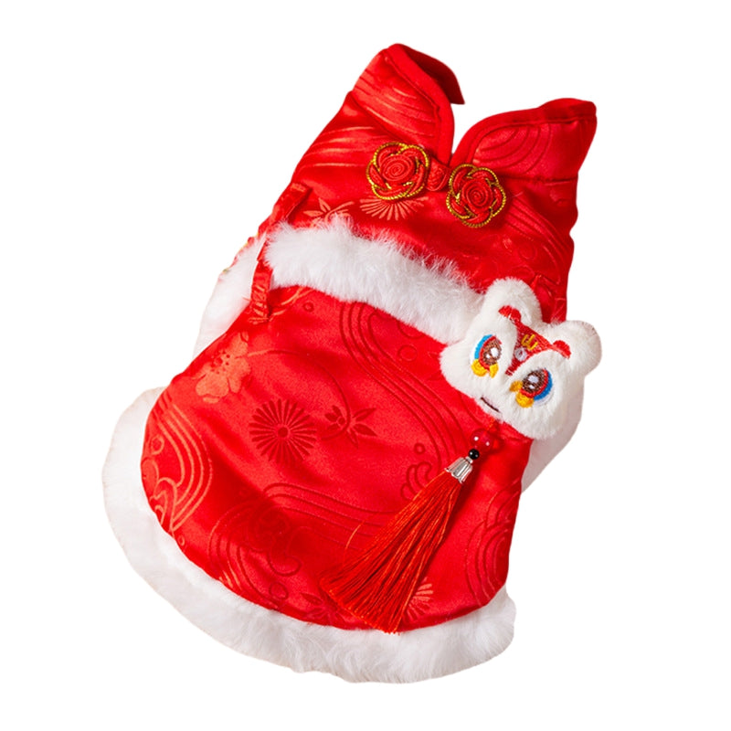 KFX-2058429 Lion Dance Inspired Pet Cheongsam Vest with Plush Lining and 3D Ornament for Small Dogs and Cats