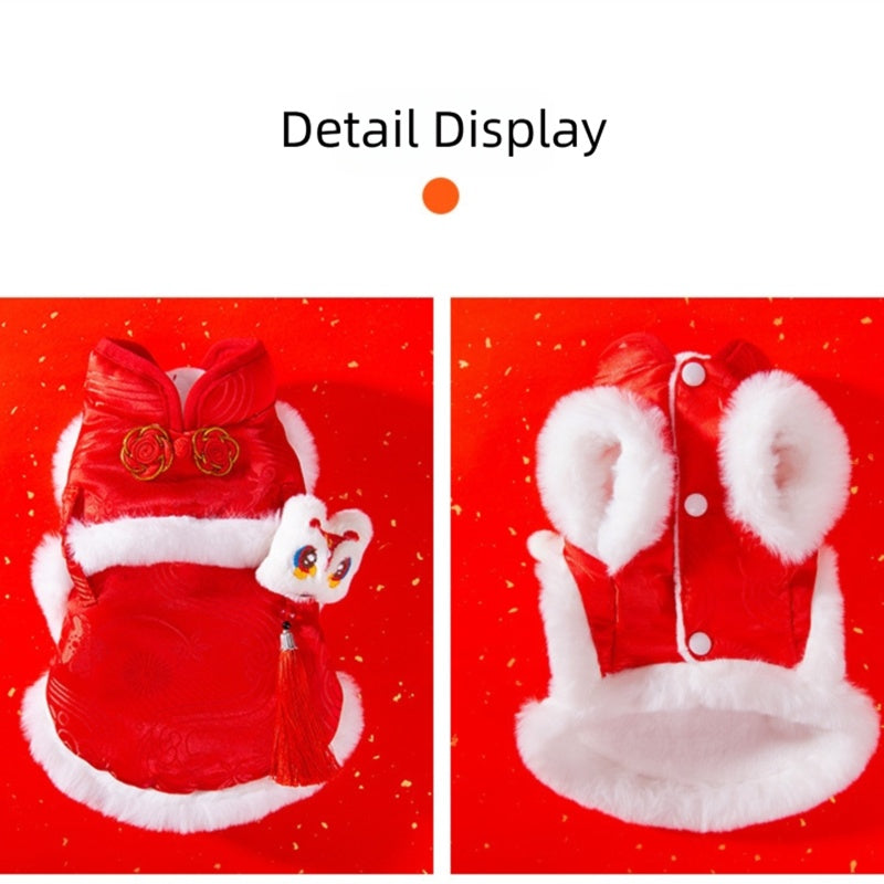 KFX-2058429 Lion Dance Inspired Pet Cheongsam Vest with Plush Lining and 3D Ornament for Small Dogs and Cats