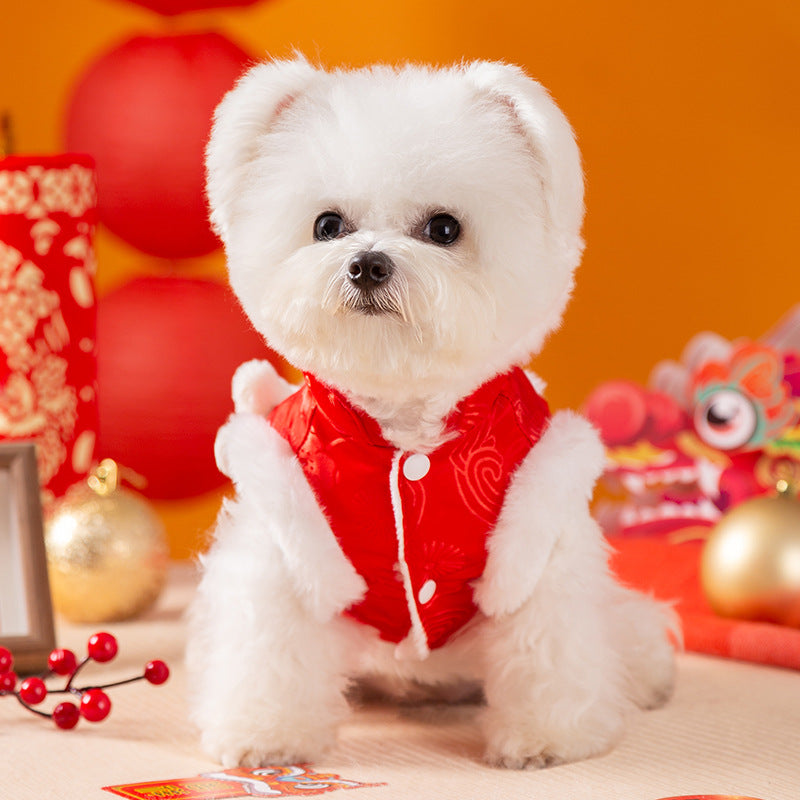 KFX-2058429 Lion Dance Inspired Pet Cheongsam Vest with Plush Lining and 3D Ornament for Small Dogs and Cats