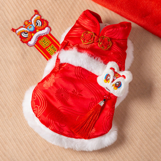 KFX-2058429 Lion Dance Inspired Pet Cheongsam Vest with Plush Lining and 3D Ornament for Small Dogs and Cats