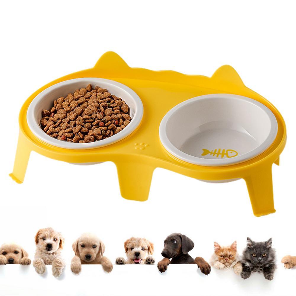 KFX-2061117 Elevated Ceramic Cat Food and Water Bowl Set with Tilted Design and Stand