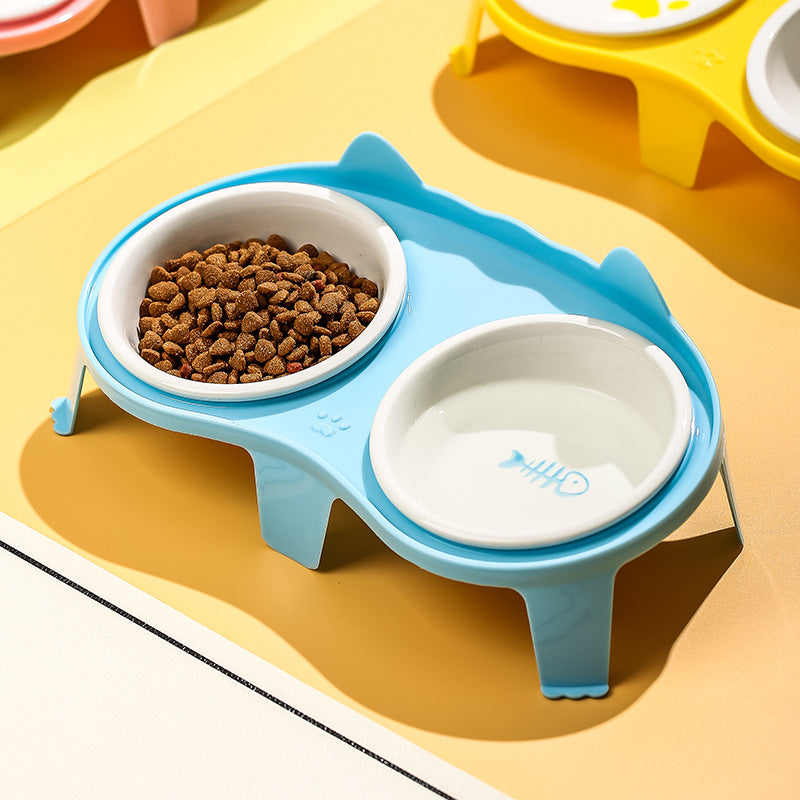 KFX-2061117 Elevated Ceramic Cat Food and Water Bowl Set with Tilted Design and Stand