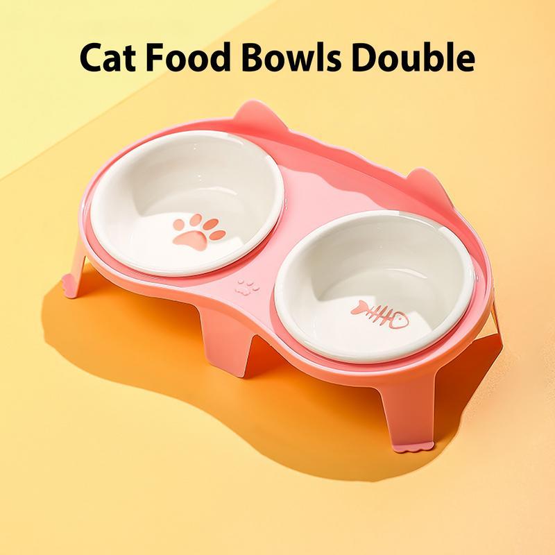 KFX-2061117 Elevated Ceramic Cat Food and Water Bowl Set with Tilted Design and Stand