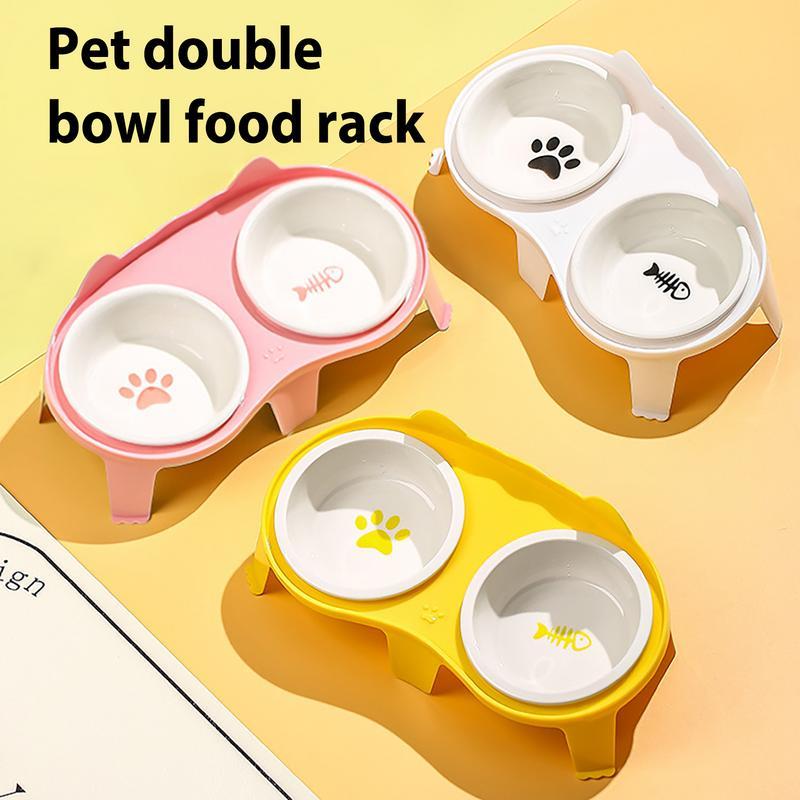 KFX-2061117 Elevated Ceramic Cat Food and Water Bowl Set with Tilted Design and Stand