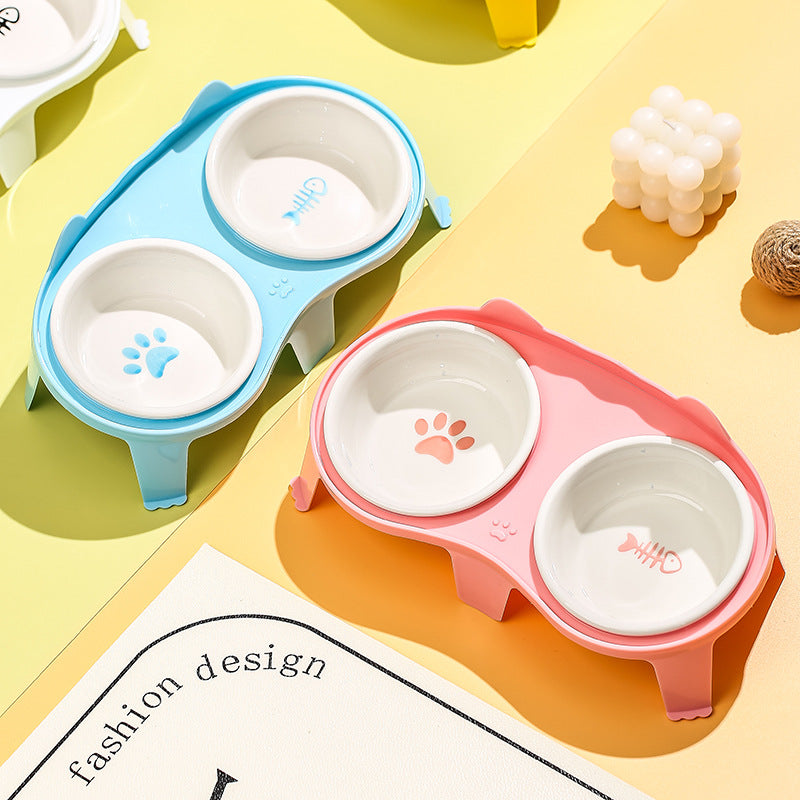 KFX-2061117 Elevated Ceramic Cat Food and Water Bowl Set with Tilted Design and Stand