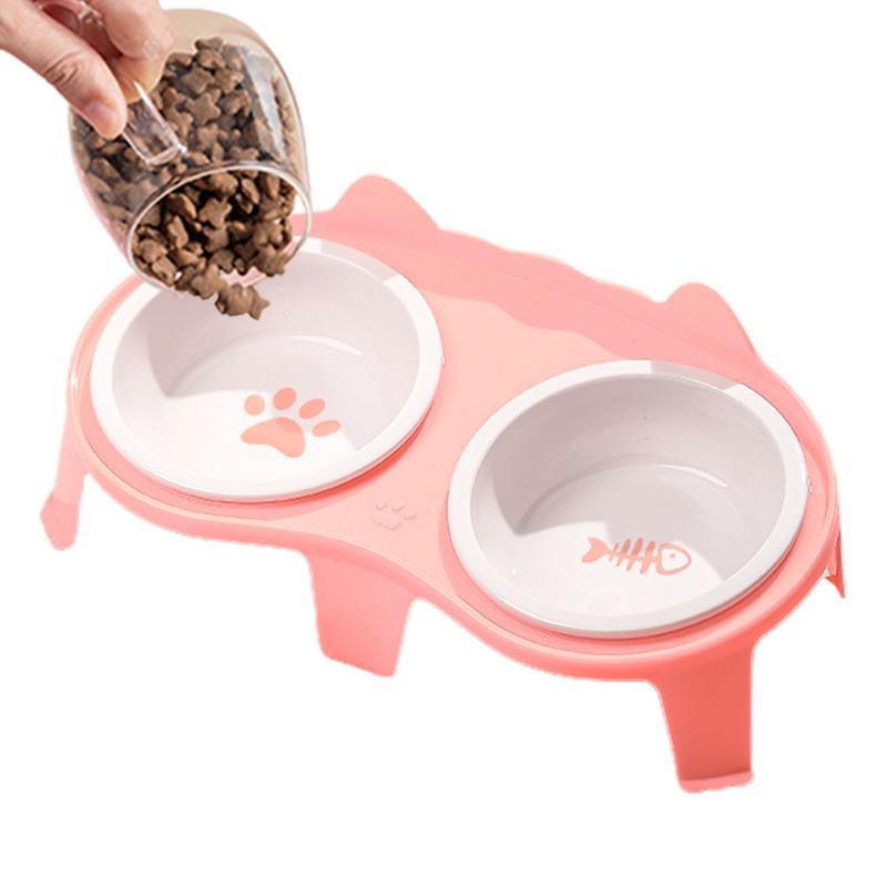 KFX-2061117 Elevated Ceramic Cat Food and Water Bowl Set with Tilted Design and Stand