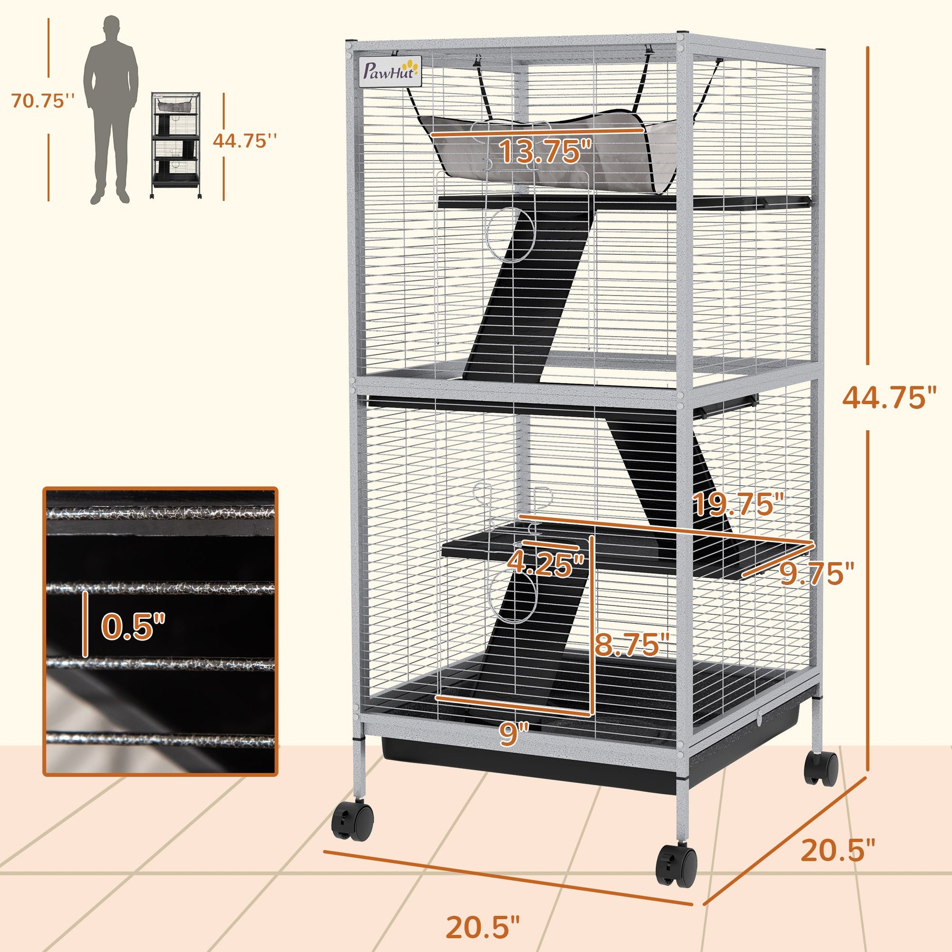 KFX-2063293 Rolling Small Animal Cage with Hammock & Removable Tray - Ideal for Ferrets, Chinchillas, and Kittens