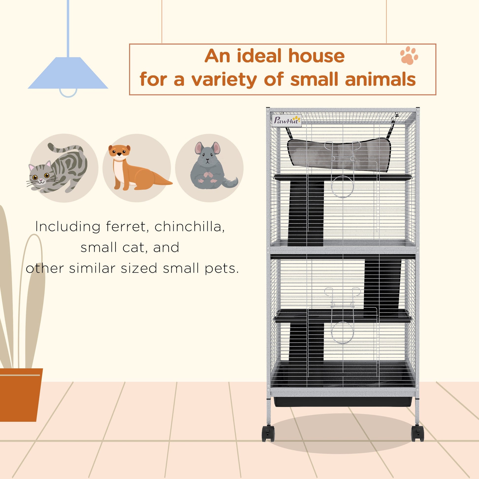 KFX-2063293 Rolling Small Animal Cage with Hammock & Removable Tray - Ideal for Ferrets, Chinchillas, and Kittens