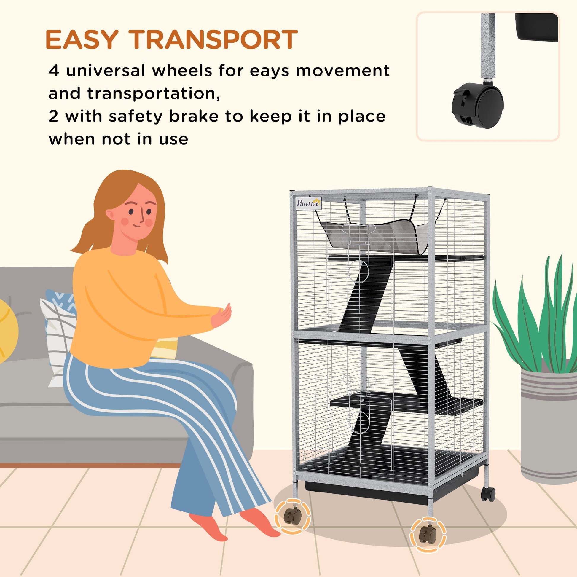 KFX-2063293 Rolling Small Animal Cage with Hammock & Removable Tray - Ideal for Ferrets, Chinchillas, and Kittens