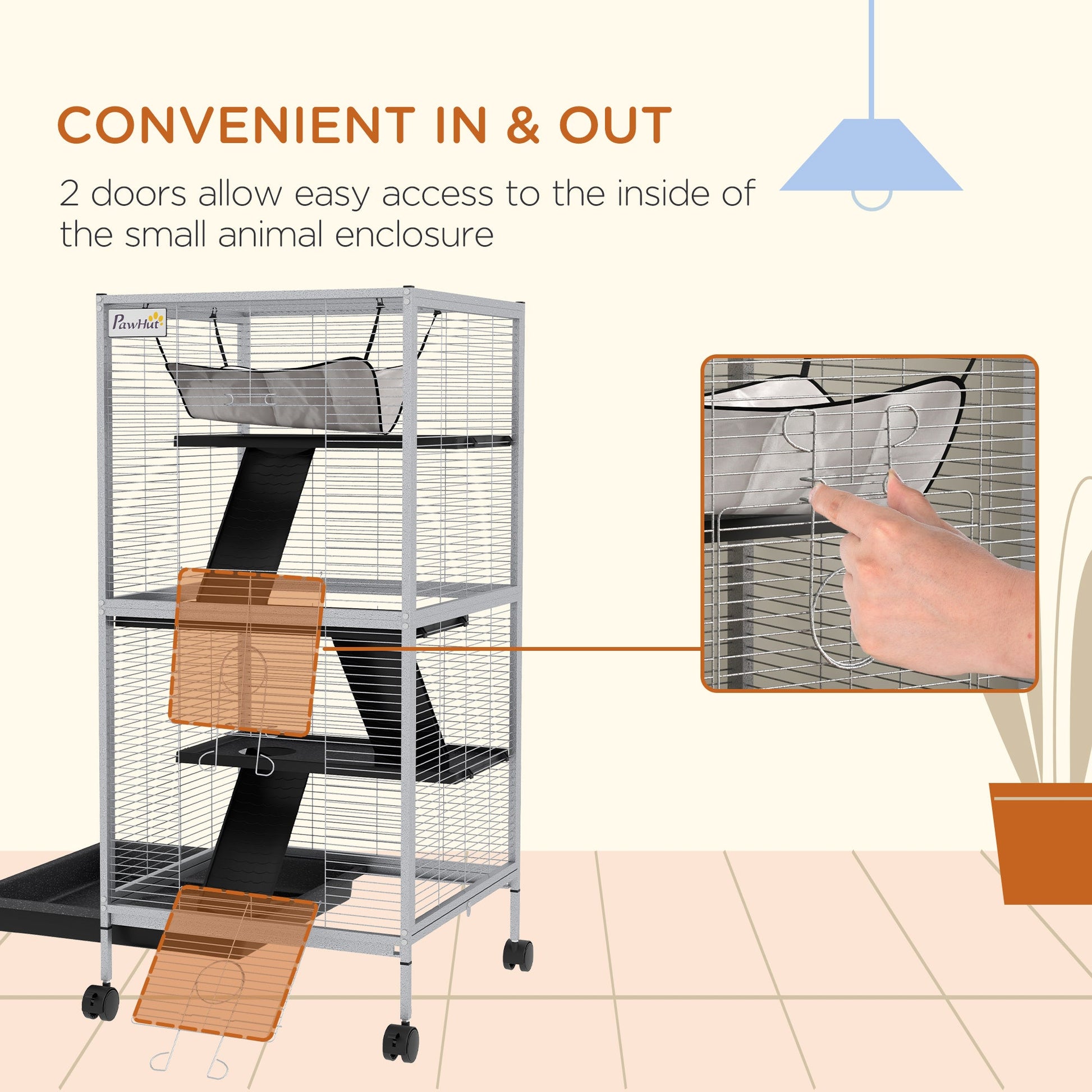 KFX-2063293 Rolling Small Animal Cage with Hammock & Removable Tray - Ideal for Ferrets, Chinchillas, and Kittens