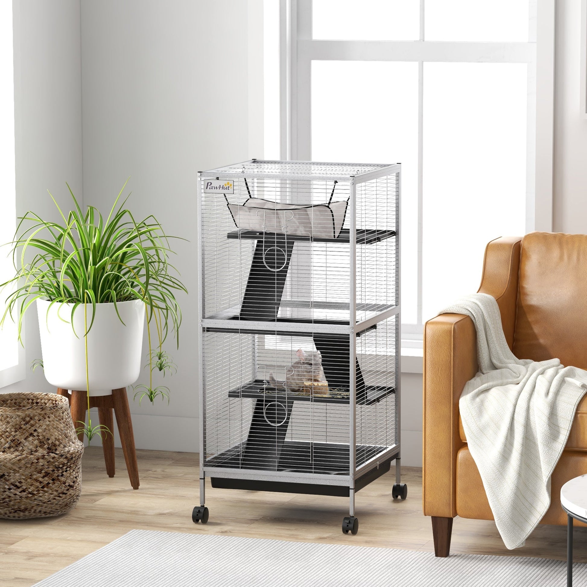 KFX-2063293 Rolling Small Animal Cage with Hammock & Removable Tray - Ideal for Ferrets, Chinchillas, and Kittens