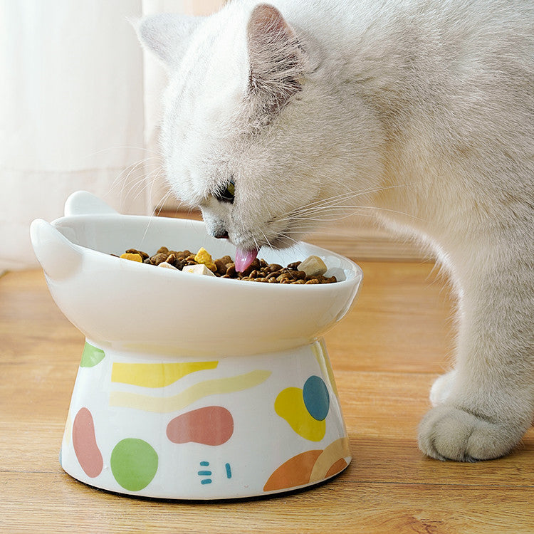 KFX-2065597 Slanted High Foot Anti-Overturning Ceramic Pet Bowl in Color Glaze
