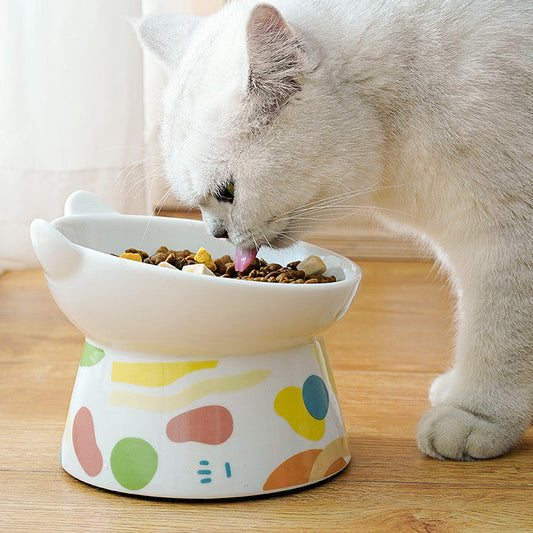 KFX-2065597 Slanted High Foot Anti-Overturning Ceramic Pet Bowl in Color Glaze