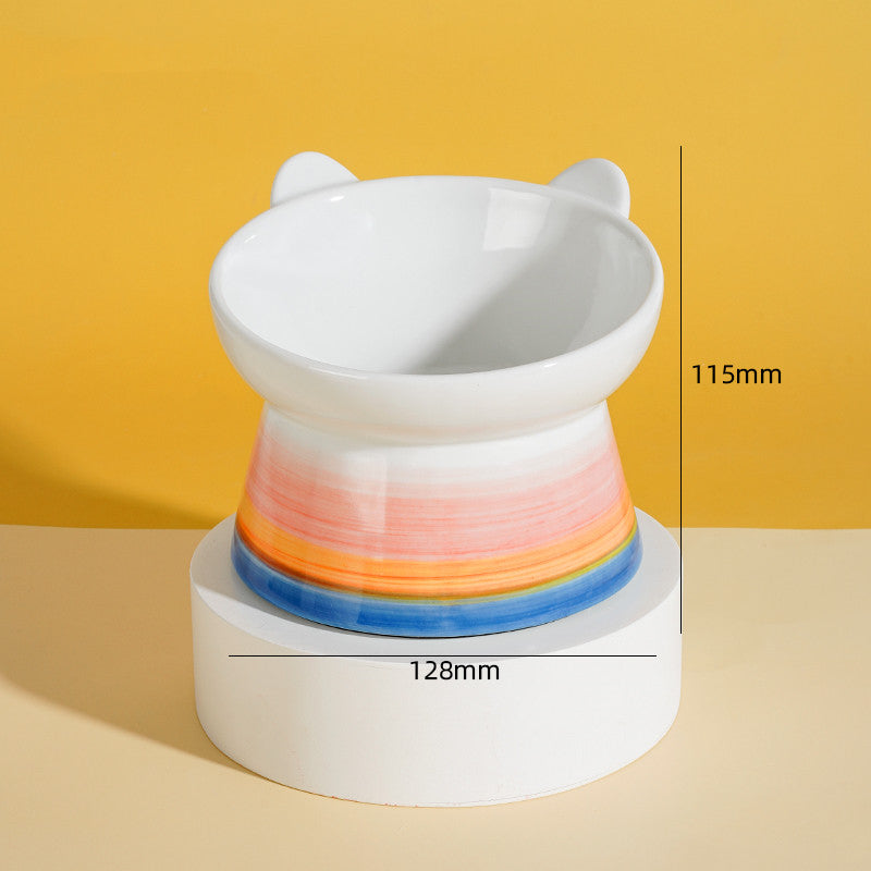 KFX-2065597 Slanted High Foot Anti-Overturning Ceramic Pet Bowl in Color Glaze