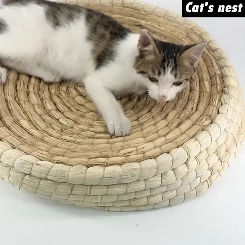 KFX-2069437 Straw Woven Cat Bed with Scratching Board - Hand-Woven Bowl-Shaped Nest for Small Pets
