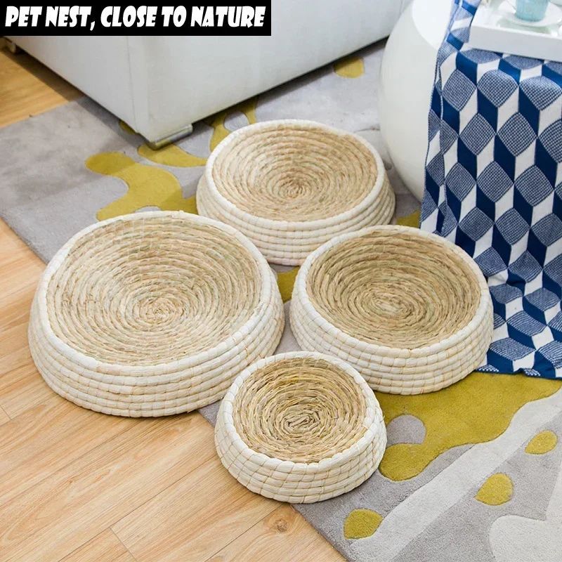 KFX-2069437 Straw Woven Cat Bed with Scratching Board - Hand-Woven Bowl-Shaped Nest for Small Pets
