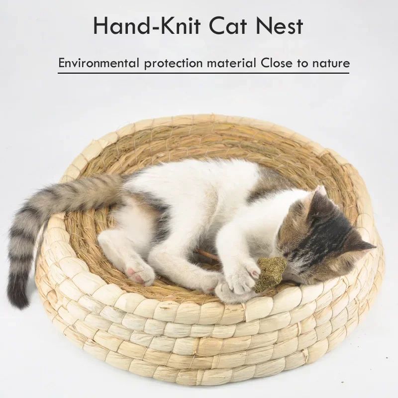 KFX-2069437 Straw Woven Cat Bed with Scratching Board - Hand-Woven Bowl-Shaped Nest for Small Pets