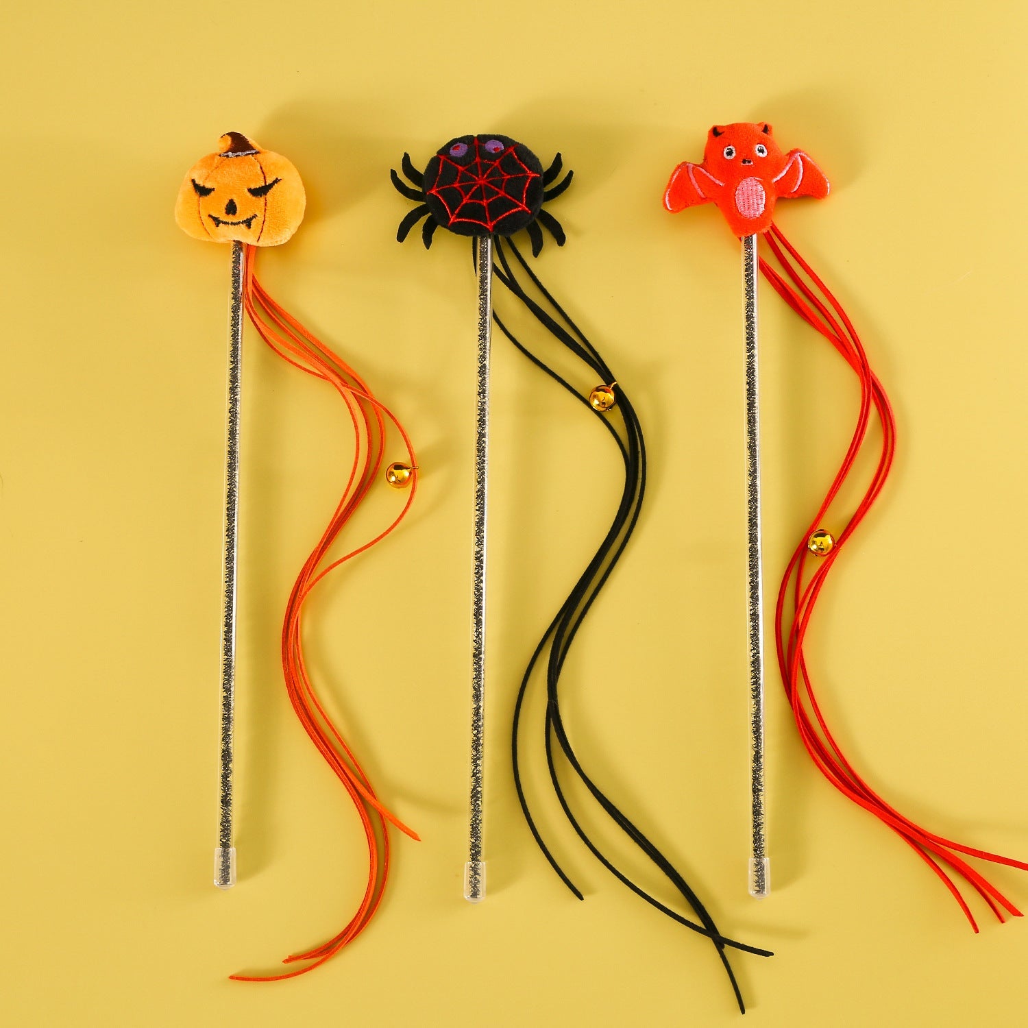 KFX-2070205 Interactive Plush Cat Teaser Stick with Halloween-themed Spider, Pumpkin, and Bat Designs