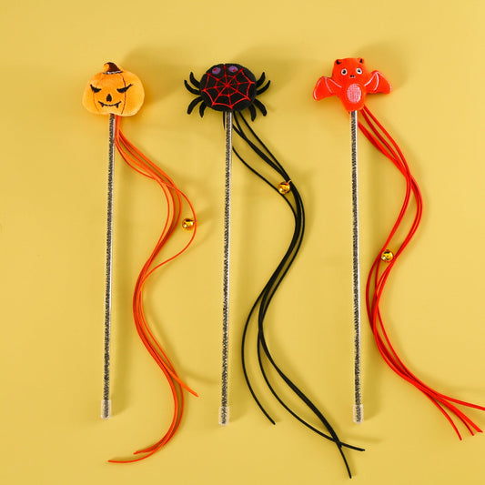 KFX-2070205 Interactive Plush Cat Teaser Stick with Halloween-themed Spider, Pumpkin, and Bat Designs