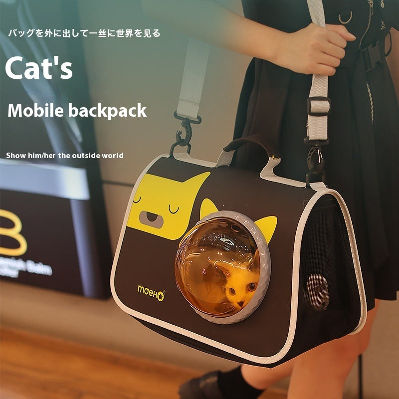 KFX-2071613 Transparent Space Cover Cat Carrier Bag with Cartoon Design, Medium PU Fabric Crossbody Pet Bag