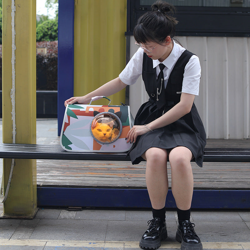 KFX-2071613 Transparent Space Cover Cat Carrier Bag with Cartoon Design, Medium PU Fabric Crossbody Pet Bag