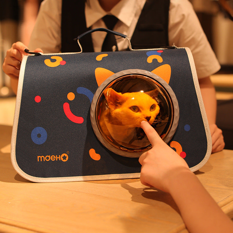 KFX-2071613 Transparent Space Cover Cat Carrier Bag with Cartoon Design, Medium PU Fabric Crossbody Pet Bag