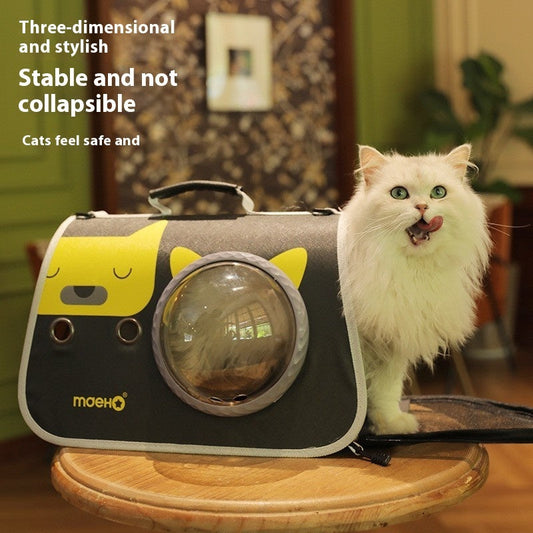 KFX-2071613 Transparent Space Cover Cat Carrier Bag with Cartoon Design, Medium PU Fabric Crossbody Pet Bag