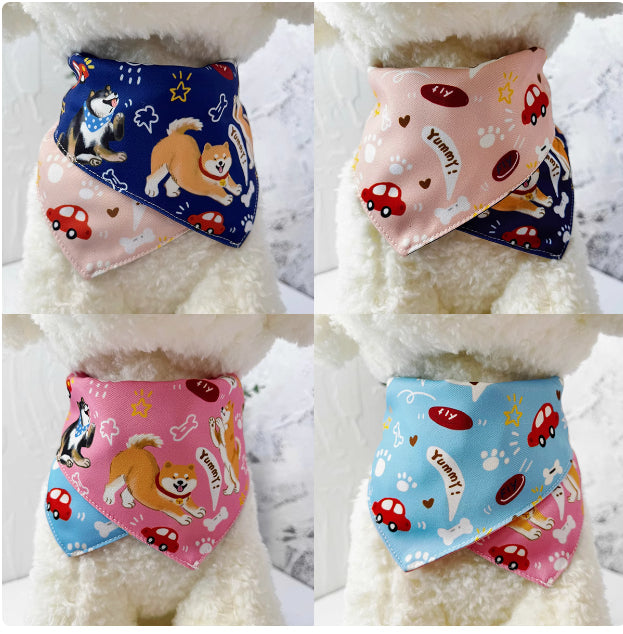 KFX-2072765 Reversible Shiba Inu Triangular Scarf for Small Dogs - Pink/Blue & Dark Blue/Pink Options