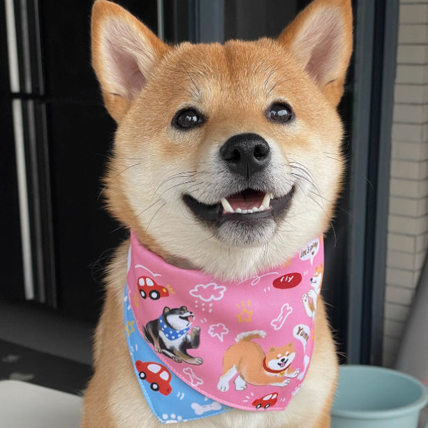 KFX-2072765 Reversible Shiba Inu Triangular Scarf for Small Dogs - Pink/Blue & Dark Blue/Pink Options