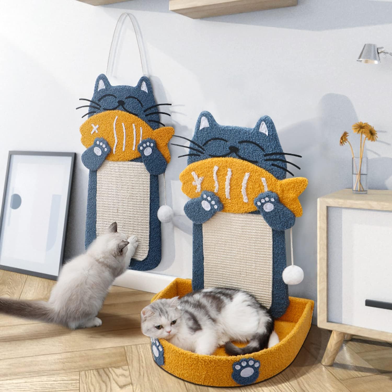 KFX-2078397 Cat Scratch Pad with Cat Bed, Fish-Shaped Scratching Post and Hanging Ball, Durable Sisal Design for Indoor Cats
