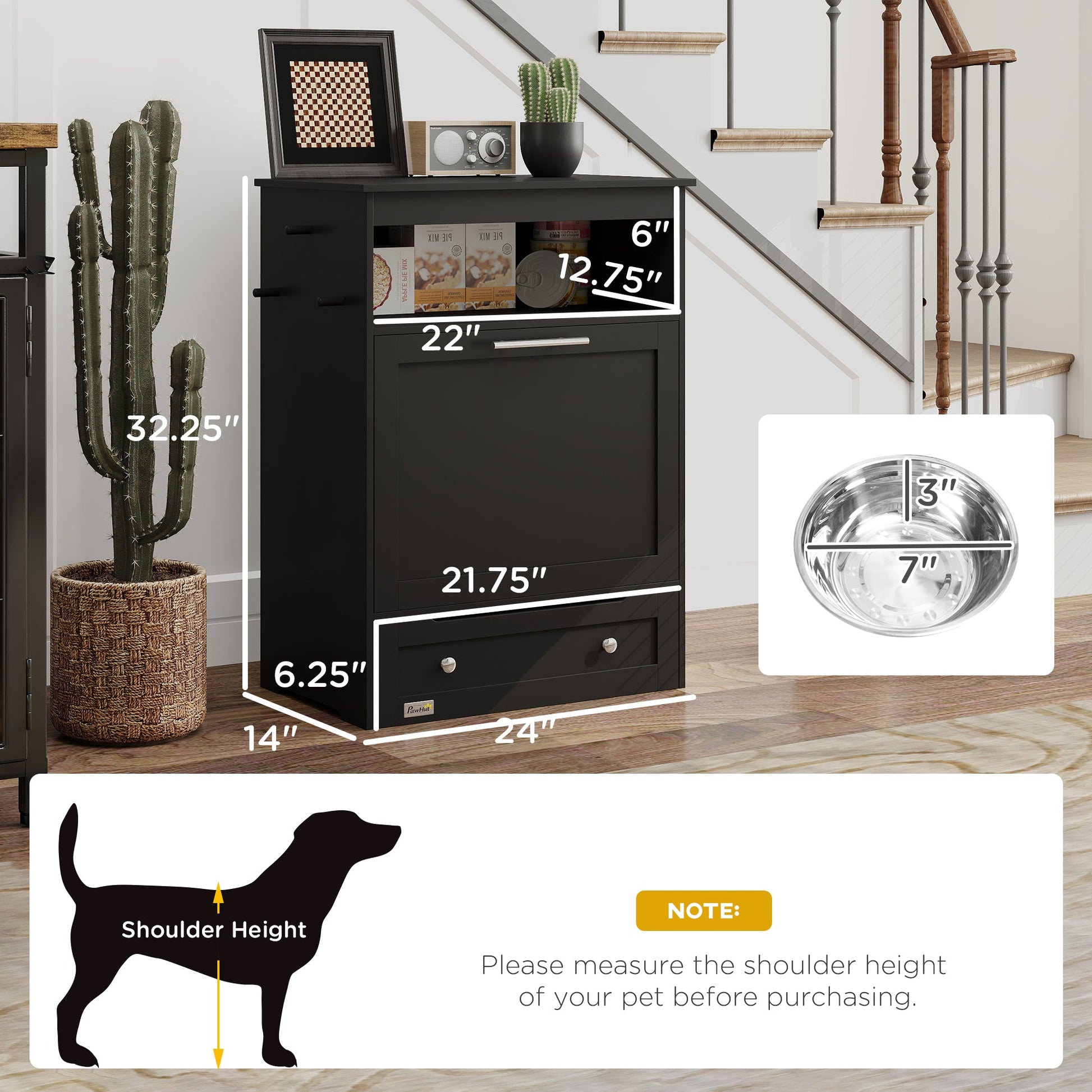 KFX-2081085 Pet Feeder Station Storage Cabinet with Two Removable Bowls and Storage Space, Black
